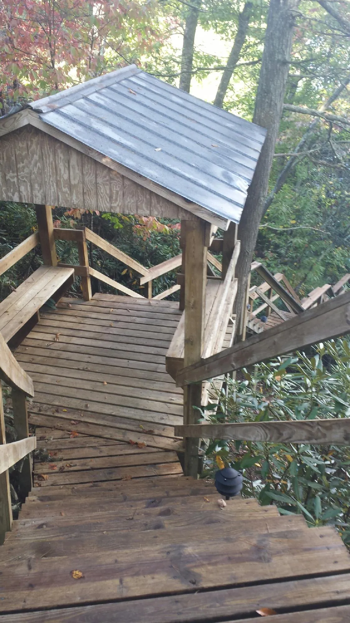 Metal roofed shelter over wooden steps on a wooded walkway — Skylight Repair & Installation work by our crew in Andersonville